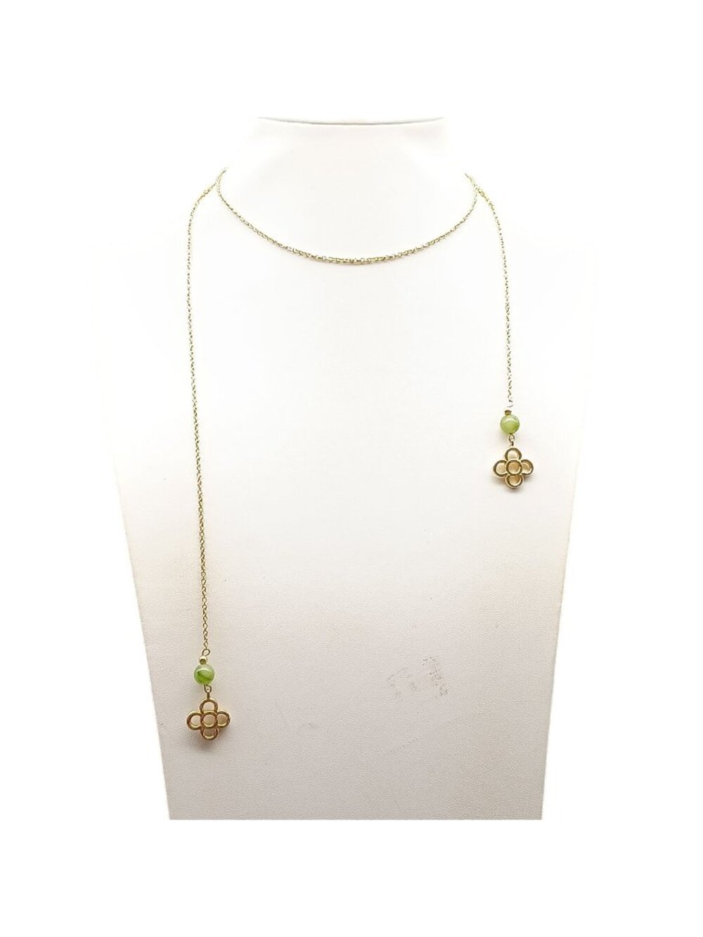 Gold-Tone Long Chain Necklace with Green Beads & Floral Charms by Avon Jade Clov